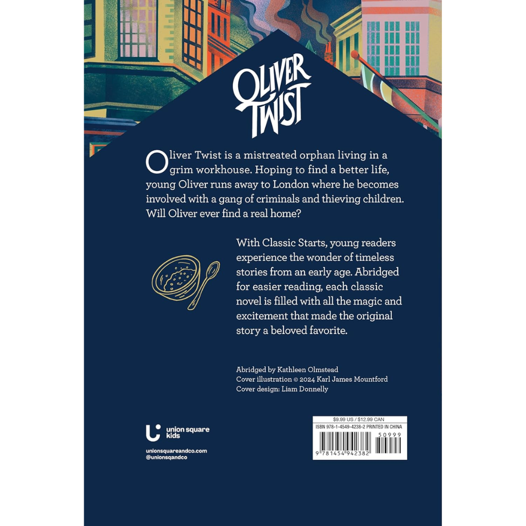Back cover of a book titled 'Oliver Twist' with colorful illustrations at the top.