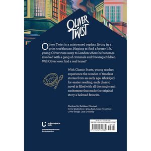 Back cover of a book titled 'Oliver Twist' with colorful illustrations at the top.
