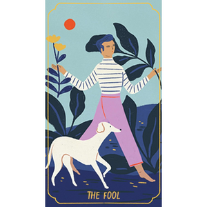 Illustration of a person with a dog and plants, labeled 'The Fool', on a blue background