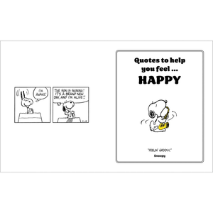 Cartoon panels with Snoopy and a quote about feeling happy.