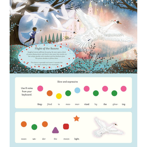 Illustrated page from a children's book with swans and a child, featuring music notation and color chart.