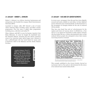 Two pages from a book or magazine with text and a black square with white text.