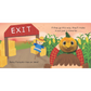 Illustration of a pumpkin character and scarecrow near an exit sign with text about a pumpkin's idea.