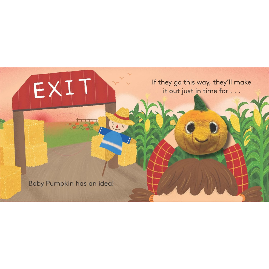 Illustration of a pumpkin character and scarecrow near an exit sign with text about a pumpkin's idea.