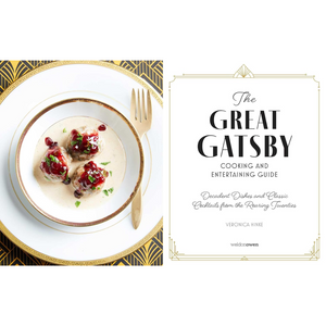 Book cover of 'The Great Gatsby Cooking and Entertaining Guide' with a plate of food and gold accents.