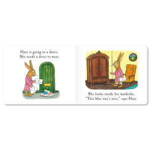 Illustration of a rabbit character looking for a dress to wear, with text describing the scene.