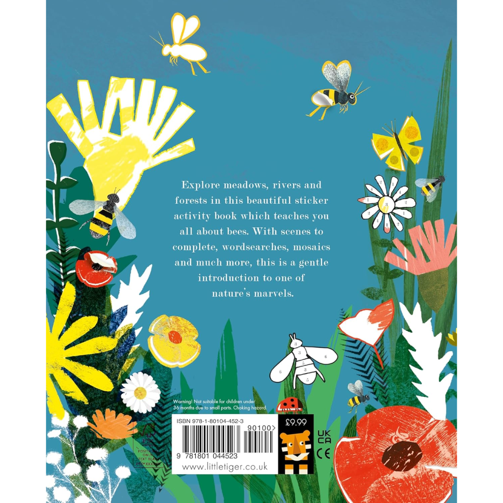 Book cover with colorful illustrations of bees, flowers, and nature on a blue background