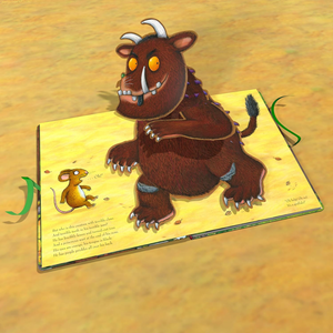 Illustration of a large brown creature and a small mouse on a yellow background