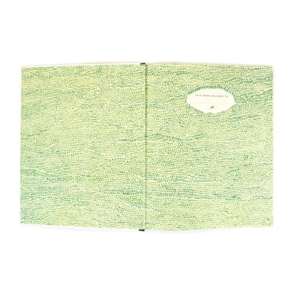 Green textured notebook with a logo on a white background