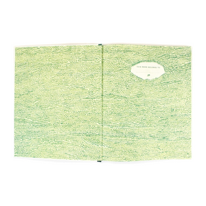 Green textured notebook with a logo on a white background