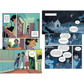 Comic book page with indoor and outdoor scenes featuring characters and dialogue bubbles.