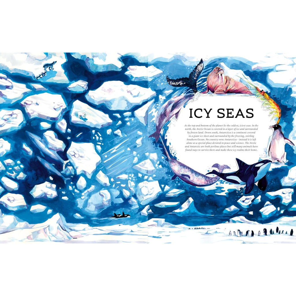 Illustration of icy seas with whales, penguins, and icebergs, featuring the text 'ICY SEAS'.