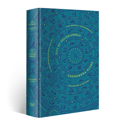 Blue book titled 'City of Fallen Angels' from 'The Mortal Instruments' series on a white background