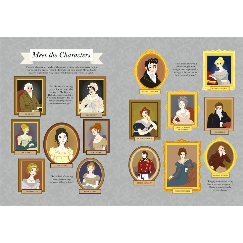 Illustrations of characters from a classic novel on a gray background