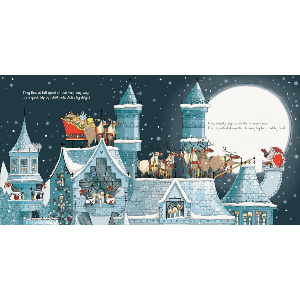 Illustration of Santa Claus with reindeer on a rooftop in a snowy village scene.