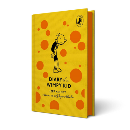Book titled 'Diary of a Wimpy Kid' with a yellow cover and orange dots on a white background