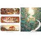 Illustrated sequence of a character building a log cabin and encountering a giant snake.