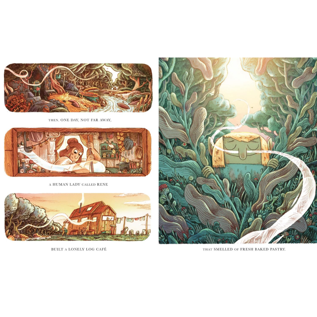 Illustrated sequence of a character building a log cabin and encountering a giant snake.