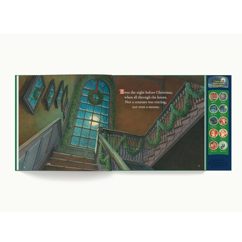 Illustrated book page with a Christmas-themed staircase and decorations.