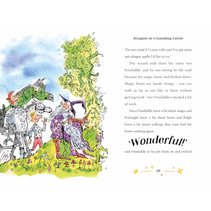 Illustrated book page with characters and dragons, featuring text on a white background.