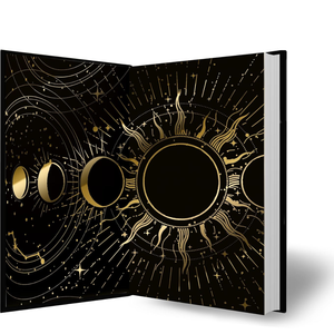 Decorative notebook with celestial design on a white background