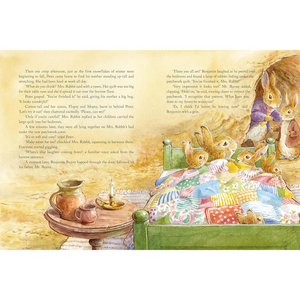 Illustrated book page with bunnies around a bed, featuring text.