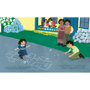 Illustration of children playing hopscotch with a family watching from a house.