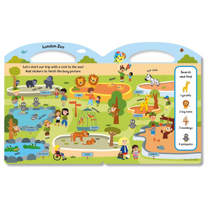 Children's educational board with a map of London Zoo and animal illustrations.