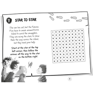 Illustration of a children's book page with a maze and text about the Famous Five using stars to navigate.