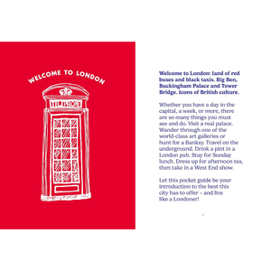 Page from a guidebook featuring a red telephone box illustration and text about London on a white background.