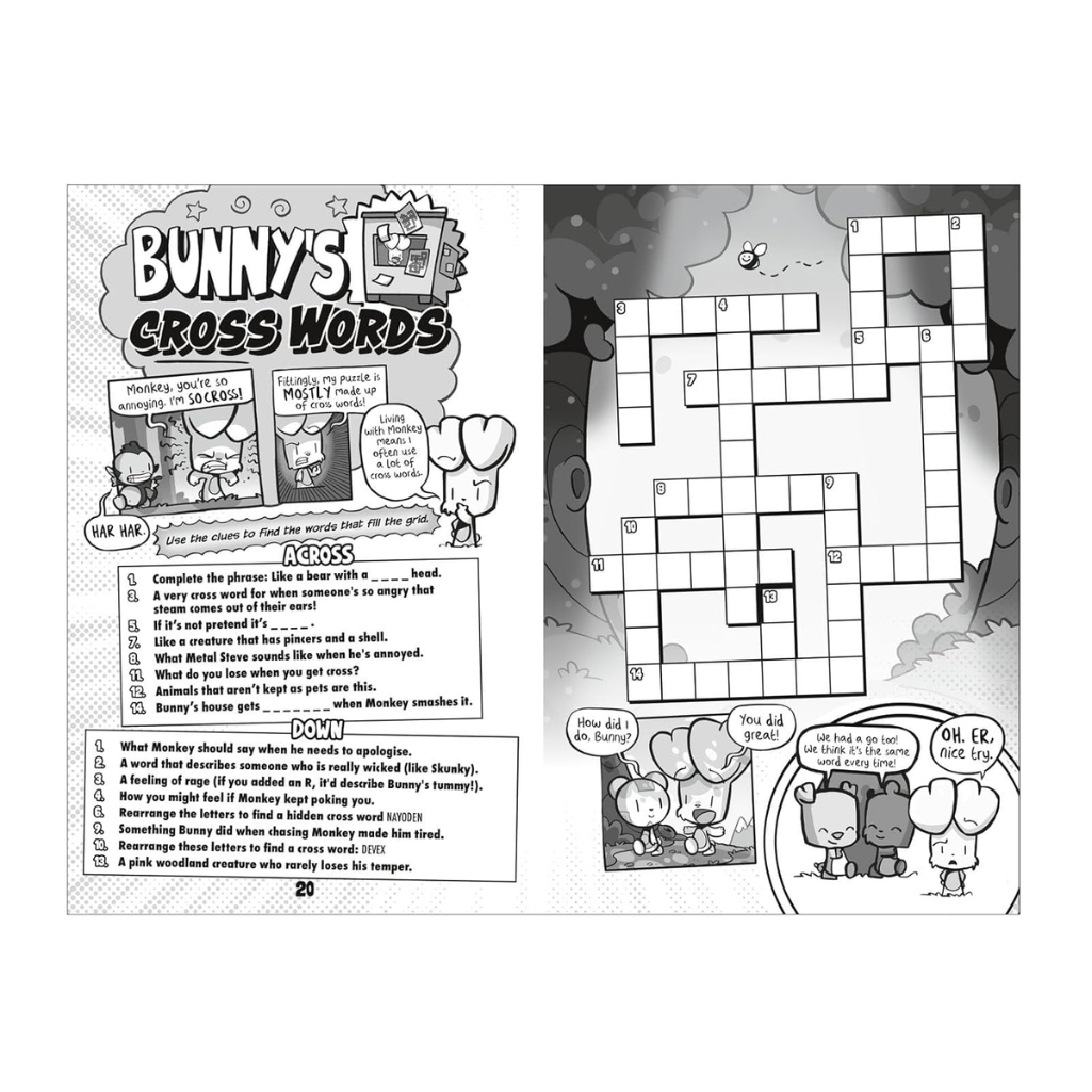 Comic book page with crossword puzzle and cartoon characters on a white background