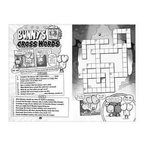 Comic book page with crossword puzzle and cartoon characters on a white background