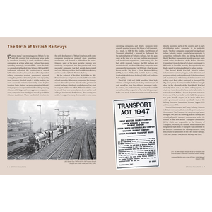 Page from a book or magazine about British railways, featuring text and an image of a train.