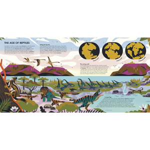 Illustrated scene from a book or educational material about the age of reptiles with dinosaurs and prehistoric animals.