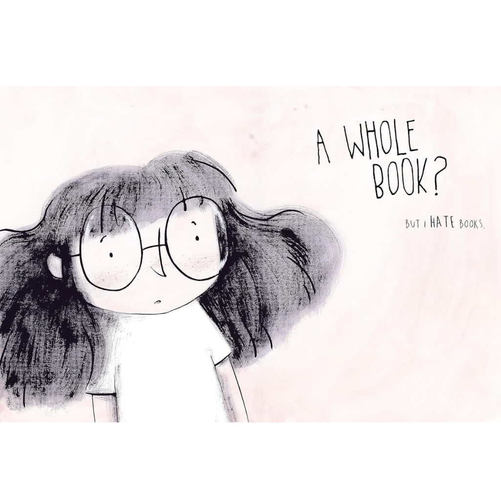 Cartoon character with glasses and long hair looking confused, text 'A WHOLE BOOK? BUT I HATE BOOKS' above.