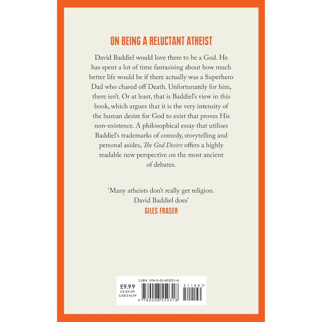 Book back cover with text about being a reluctant atheist, featuring an orange border.