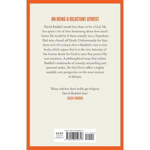 Book back cover with text about being a reluctant atheist, featuring an orange border.