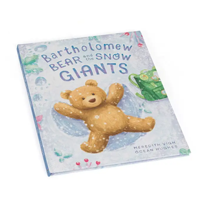 Book titled 'Bartholomew Bear and the Snow Giants' with a bear illustration on the cover.