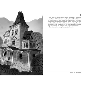 Illustration of an old, abandoned house with a person approaching on a white background