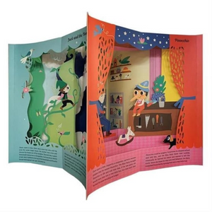 Illustrated children's book with colorful pages showing a character in a room.