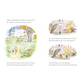 Illustrated book page with characters from 'Winnie the Pooh' in a garden and indoor setting.