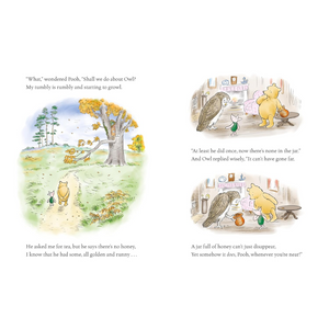 Illustrated book page with characters from 'Winnie the Pooh' in a garden and indoor setting.