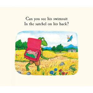 Illustration of a frog with a red satchel in a field with text asking if the swimsuit is in the satchel.
