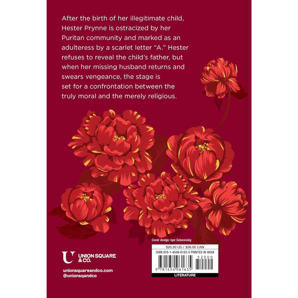 Book back cover with red floral design and text on a red background