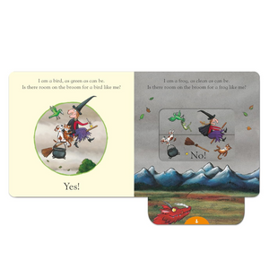 Illustrated book pages with a witch and animal characters on a white background