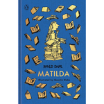 The front cover of the book 'Matilda' by Roald Dahl, illustrated by Quentin Blake, published by Penguin. The cover features a vibrant blue background with a central illustration of a girl sitting on a stack of books and surrounded by flying books, all in a yellow ink style.