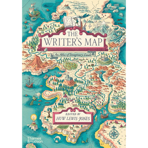 The front cover of the book 'The Writer's Map: An Atlas of Imaginary Lands', edited by Huw Lewis Jones, published by Thames & Hudson. The cover features a whimsical, vintage-style hand-drawn map of fantasy lands in teal, beige, and terracotta colors.