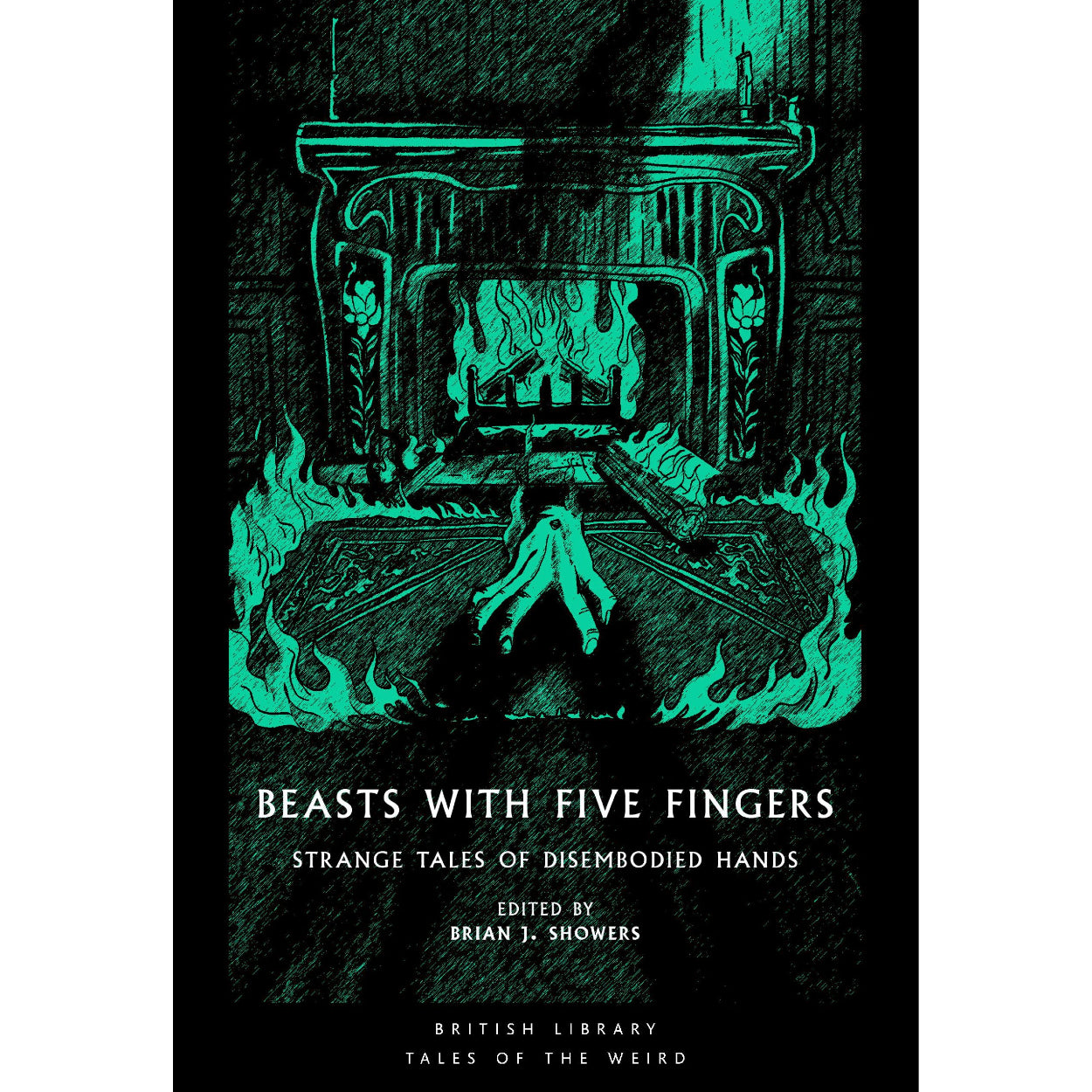 Book cover of 'Beasts with Five Fingers' featuring a fireplace illustration and text.