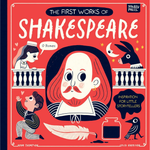 Book cover of 'The First Works of Shakespeare' with illustrations and text on a red background.