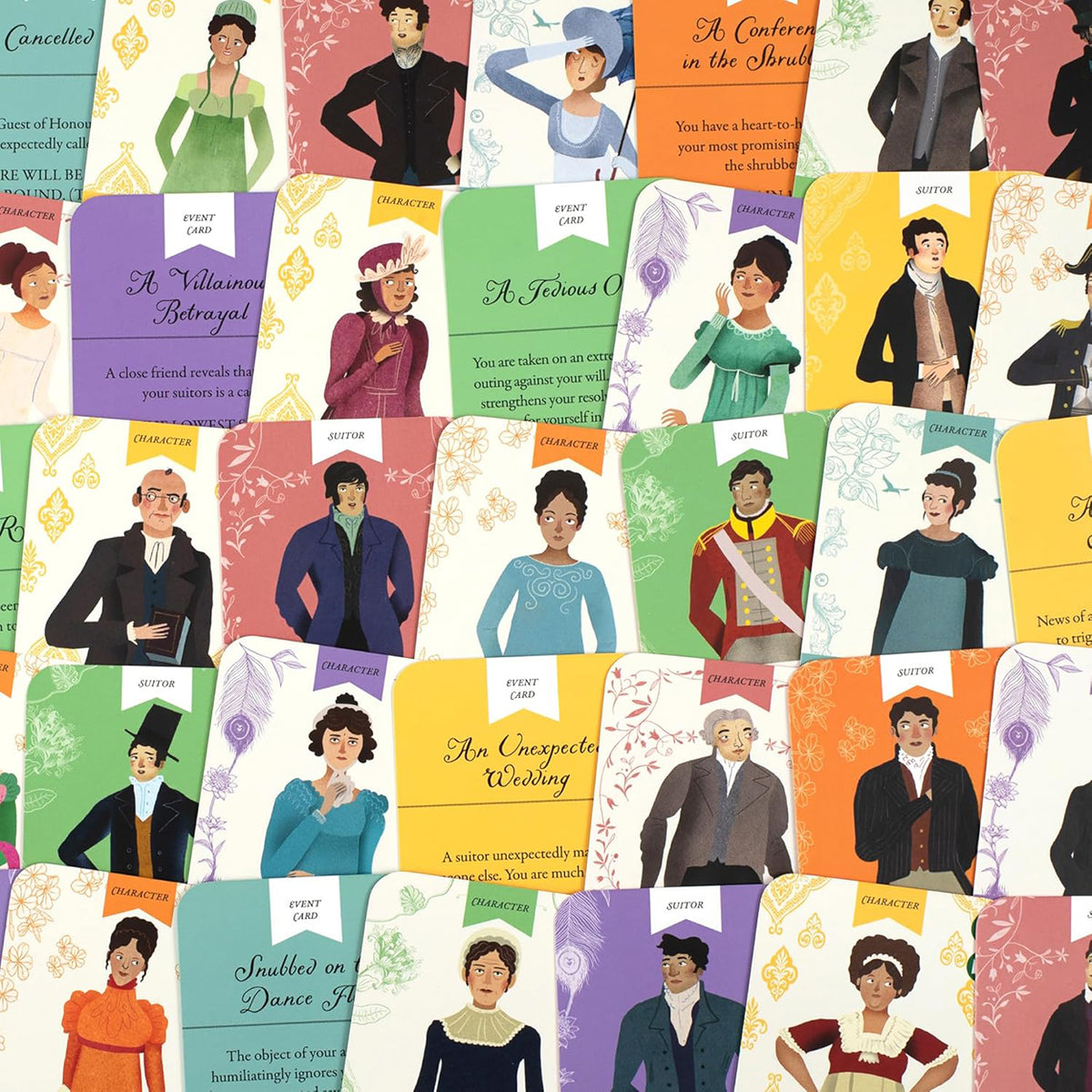 Spread of cards included in the Jane Austen Game